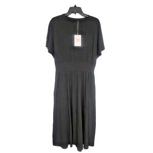 Everlane Size L The Organic Cotton Waisted Midi Short Sleeve Dress Black  NWT